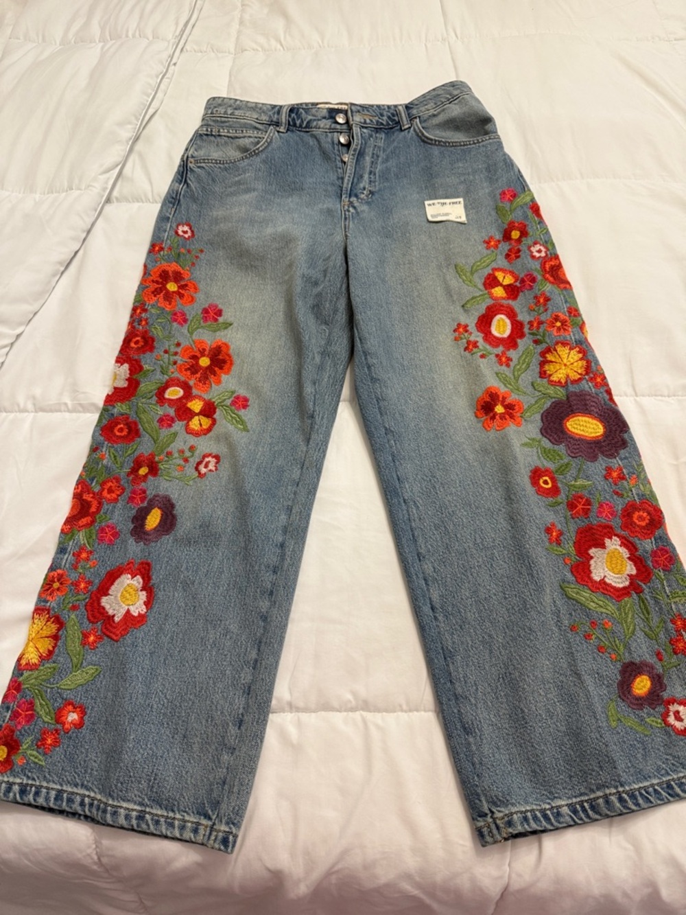 We the Free people Embroidered Floral Wide-Leg Women crop Jeans - Blue size 29